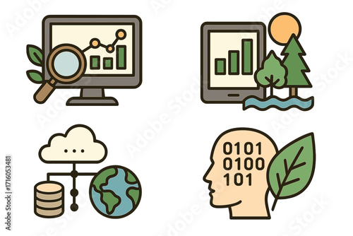 Eco tech icon set. Green data analysis, ESG, sustainability, AI, cloud computing for environment. Ecology research. Digital transformation for nature conservation vector.