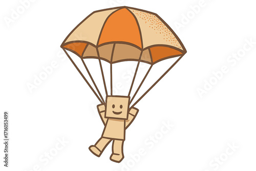 Cute cardboard character parachuting. Vector illustration for concepts of delivery, airdrop, adventure and freedom. Happy box man skydiving with a smile. Fun hobby design.