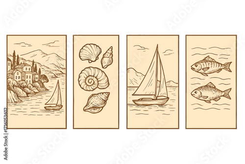 Italian summer vacation posters set. Hand drawn Italy coast landscape. Sea with yacht, seashells, fish placard. Minimal vintage vector contour. Nautical holiday travel sketch.