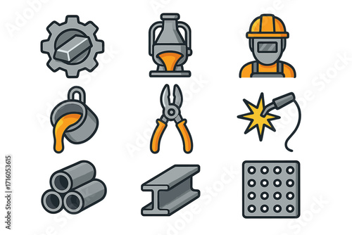 Metallurgy and metalworking line icon set. Industrial vector symbols for steel production, foundry, and welding. Includes welder, molten metal, crucible, pipes, and I-beam.