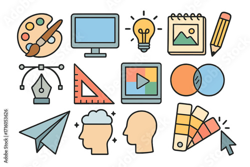 Graphic design creative process icon set. Vector collection of art tools. Digital designer symbols like pen tool, color palette, idea lightbulb, computer, swatch guide for workflow.