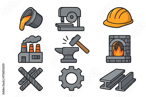 Metallurgy industry icon set. Steel production and metalworking vector icons. Foundry, factory, anvil, hammer, forge, molten metal, rebar, I-beam, and hard hat symbols.