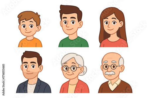Family people avatar collection. Cartoon character headshot portraits. Man, woman, boy, girl, senior citizen faces. Multi-generation set: son, father, mother, grandmother.