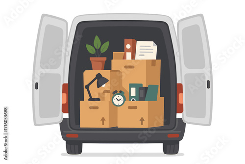 Corporate moving and office relocation concept. Open trunk of van with cardboard boxes full of things. Loading or unloading truck. Moving home or business delivery service.