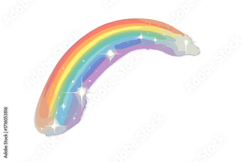 Rainbow arc highlights with sparks. Glare, glass reflection, or light leak effect. Glittering particles for photo filter or social media overlay. Vector holographic flair.