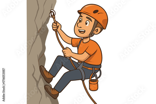 Cartoon character man climbing a rock wall. Extreme adventure sport and outdoor activity concept. Vector illustration of a happy climber ascending a cliff with safety gear.