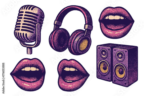 Retro disco music karaoke collage elements set. Halftone dotted grunge illustration pack. Metallic microphone, headphones, speakers, mouths. Nostalgic 80s 90s party vector.