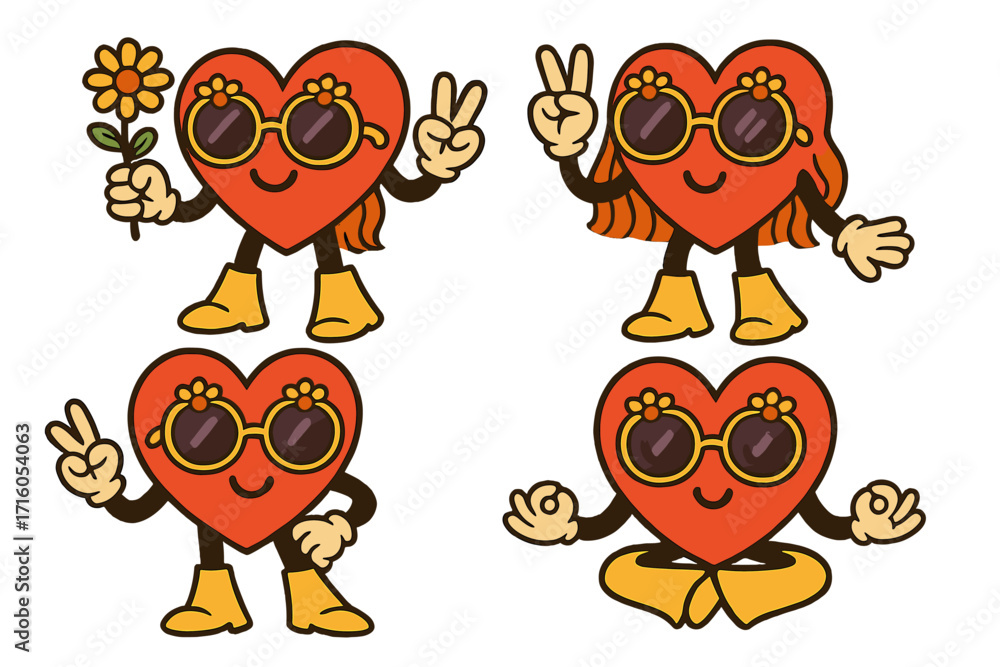 Fototapeta premium Groovy Valentine characters set. Cute 70s comic hippie heart mascots with peace sign and flower. Retro love sticker pack collection for card design. Cartoon vector illustration.