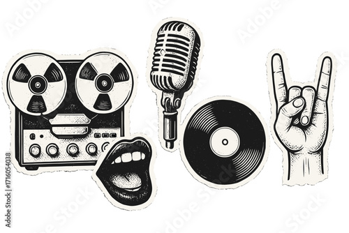 Retro music collage set with torn paper sticker effect. Vintage rock and roll icons: reel-to-reel tape recorder, microphone, vinyl record, singing mouth, and rock hand sign.