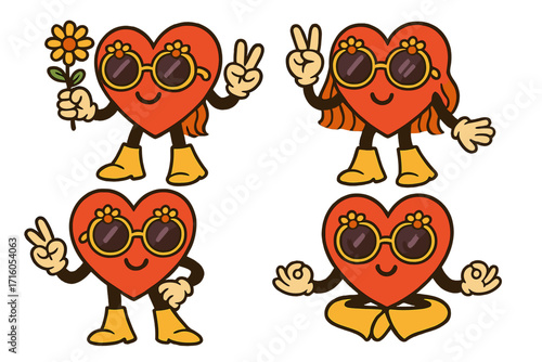 Groovy Valentine characters set. Cute 70s comic hippie heart mascots with peace sign and flower. Retro love sticker pack collection for card design. Cartoon vector illustration.
