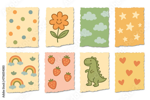 Ripped paper pieces for vintage collage. Vector illustrations set with jagged papers decorated with childish funny patterns. Cute cartoon scraps for scrapbooking design.