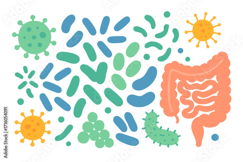Gut microbiome abstract banner design. Probiotics and prebiotics concept. Good microorganisms, lactic acid bacteria, virus for intestinal flora health. Microflora flat vector set.