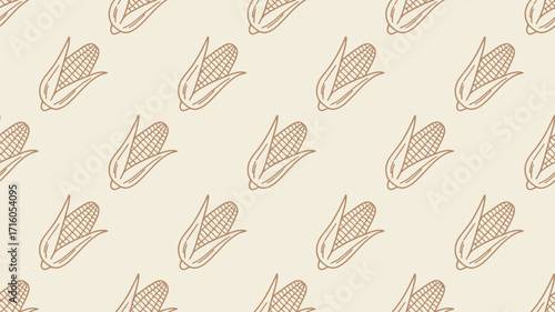 A seamless pattern of corn cobs with husks in a simple line drawing style on a light beige background