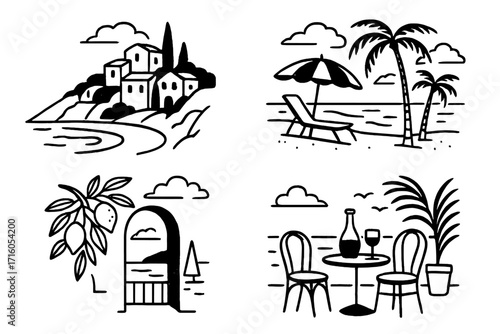 Italian summer vacation icon set. Hand drawn line art. Minimal vector drawings of Mediterranean coast, beach, village, wine, and lemons. Travel and rest concept illustrations.