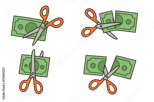 Cutting costs vector icon set. Scissors cutting money banknote. Metaphor for budget cut, recession, financial crisis, price reduction, and economic problems. Expense decrease.