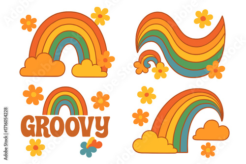 Groovy rainbow clipart set in retro 70s hippie style. Pride month LGBTQ collection with vintage flower power elements. Hippy graphic stickers for queer community design.