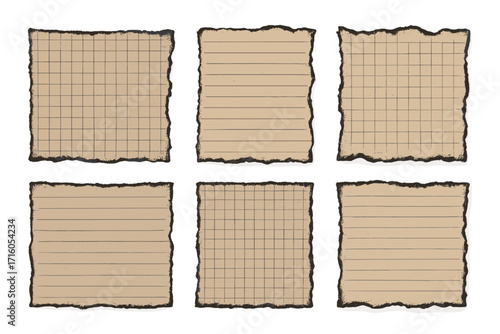 Set of torn paper sheets with burnt edges. Vintage ripped kraft paper collection. Grunge style lined and grid notebook pages for scrapbooking, notes or messages. Vector.