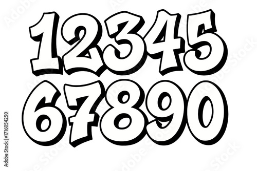 Urban graffiti numbers set, 90s street art style. Cool hip hop bubble font digits collection. Vector cartoon typeface for creative design. Numeric symbols from 0 to 9.
