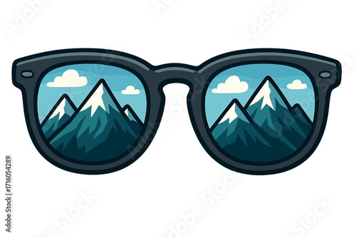 Mountain landscape reflected in sunglasses. Travel, adventure, and hiking concept. Summer vacation vector. Snowy peaks and sky view in eyeglasses. Outdoor nature exploration.