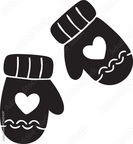 Pair of winter mittens with heart silhouette