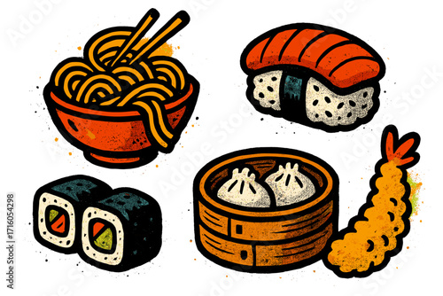 Asian food graffiti set. Noodle, sushi, roll, dim sum, tempura shrimp vector illustration. Urban street art style for restaurant menu, t-shirt print, banners. Cartoon food icon.
