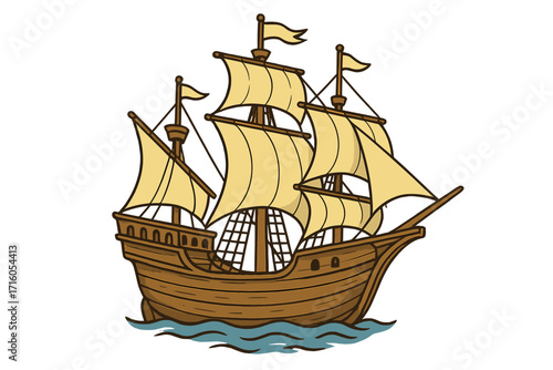 Vector illustration of a vintage wooden sailing ship. Cartoon of an old historical galleon, frigate or caravel on the ocean. Concept for maritime travel, exploration, discovery, adventure.