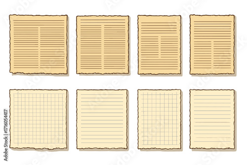 Set of torn vintage paper sheets for collage. Old ripped newspaper and notebook pages with burned edges. Aged parchment texture for scrapbooking, grid and lined paper design.