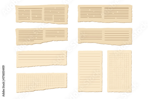 Torn paper and newspaper scraps set. Vintage ripped notebook paper with lines and grid. Retro beige paper texture with ragged edges for collage, scrapbooking and design.