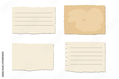 Realistic torn paper set with ripped edges. Lined notebook sheets and old stained parchment texture. Blank vintage note paper for scrapbooking and collage design. Vector.