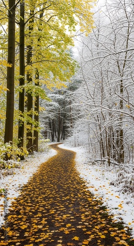 Path Through Changing Seasons A Journey from Autumn Gold to Winter White in Nature's Embrace
