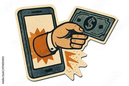 Online payment, mobile banking concept. Retro paper collage style. Hand from phone screen with money for e-commerce. Digital transaction, fintech app, cashback vector.
