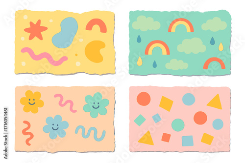 Torn paper collage set with funny childish patterns. Ripped paper backgrounds with abstract doodle shapes, rainbows, smiley flowers, and geometric forms. Cute pastel vector.