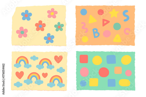 Torn paper collection with childish patterns. Ripped craft paper for scrapbooking. Colorful collage elements with flowers, rainbows, alphabet letters, and geometric shapes.