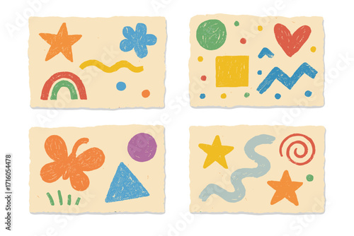 Set of torn craft paper with childish crayon doodles. Collection of hand-drawn abstract shapes on ripped vintage paper. Colorful collage elements for scrapbooking fun.