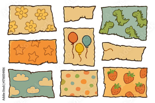Ripped paper pieces for vintage collage. Vector set of torn paper with jagged edges. Scrapbook elements with childish patterns like dinosaurs, balloons, and flowers. Cute cartoon notes.