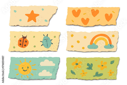 Vector set of ripped paper for vintage collage or scrapbook. Torn paper scraps with jagged edges and cute childish doodle patterns: sun, rainbow, star, hearts, flowers, bugs.