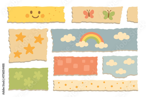 Torn paper strips vector set for vintage collage. Ripped paper scraps with childish cute patterns. Scrapbook design elements with rainbow, stars, smiley face and butterfly.