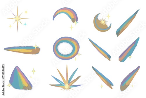 Set of sparkle and rainbow light leak effects. Vector crystal glare, holographic flare, shiny prism refraction, sunbeam overlay elements. Abstract colorful magical design.