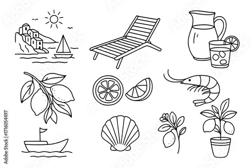 Summer vacation contour elements set. Hand drawn linear Italian coast with yacht, sun lounger, lemonade, citrus, seafood, boat, shell, and lemon tree vector icons.