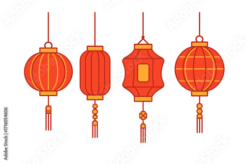 Chinese lantern set for Asian New Year and Mid Autumn Festival. Traditional red oriental hanging paper lamp decoration collection for celebration. Flat vector illustration isolated.