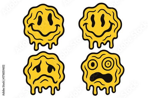 Distorted emoji faces set. Retro trippy characters with dripping smiley emoticons. Vector hand drawn illustration. Surreal psychedelic cartoon faces. Melted groovy smiles.