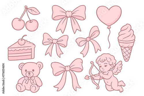 Coquette y2k aesthetic set of pink girly elements. Cute hand drawn vector clipart for Valentine's day. Collection of bow, cherry, teddy bear, cake, heart, cupid, ice cream.