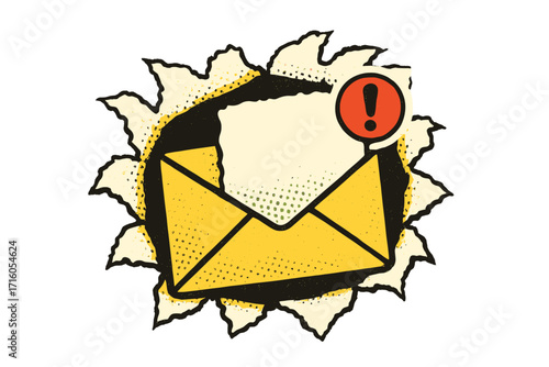 New message notification icon. Email marketing concept. Retro paper envelope with torn paper effect. Vintage halftone collage for online communication, spam and social media alert.