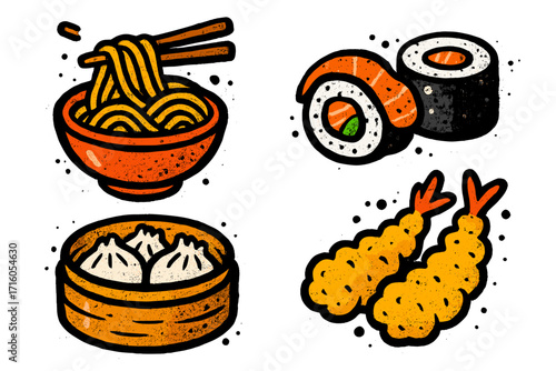 Set of Asian food icons in urban graffiti style. Noodle bowl, sushi rolls, dim sum and tempura shrimp. Japanese textured vector cartoon for restaurant menu, t-shirt.