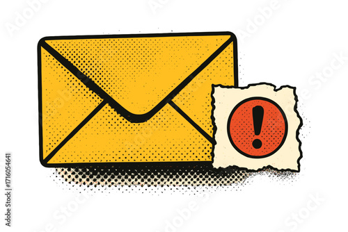 Paper envelope with important message notification. Vector retro illustration of mail with alert or warning sign. Social media spam concept. Halftone collage torn paper.