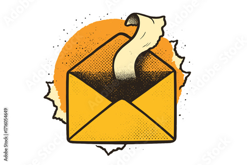 Vector illustration of paper envelope with a new message. Online social media marketing concept. Retro vintage halftone collage element with torn paper for communication.