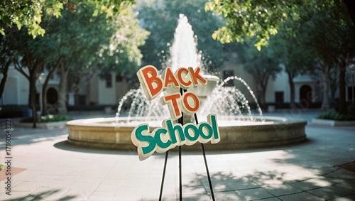 Back to School Colorful Foam Core Sign on Metal Stand, Courtyard Fountain and Green Trees Campus Background