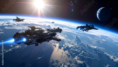 Fototapeta Naklejka Na Ścianę i Meble -  Futuristic space cruisers soar above a vibrant blue and brown planet with a bright sunburst in a digital, cinematic rendering