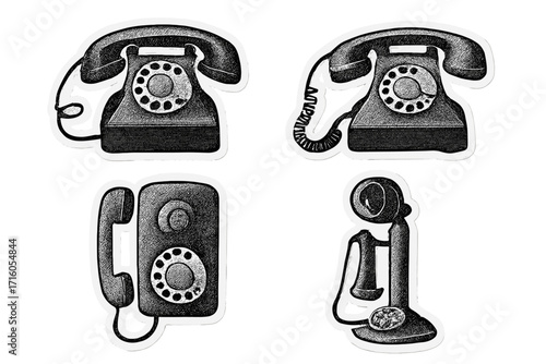 Vintage rotary phone and retro push-button telephone set. Halftone dot style communication icons. Old fashioned handset collage paper sticker element. 80s 90s nostalgia graphic.