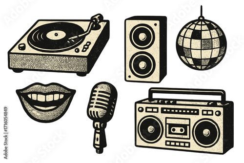 Retro disco party music equipment collage. Vector set with vinyl record player, speaker, boombox, vintage microphone, smile lips and mirror ball in grunge halftone effect.